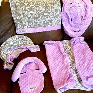 The Whole Caboodle white floral pattern gray background, lavender minky dots.